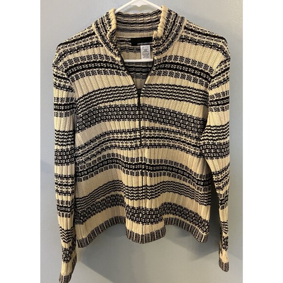 Jones New York Womens Full Zip Sweater Brown/Black Striped Size L - Picture 2 of 7